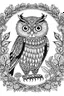 Placeholder: a wise owl in a charming European woodland, clean line art, monochrome, for kids coloring book