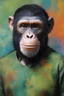 Placeholder: Roddy McDowall as Cornelius the chimpanzee from Planet of the Apes wearing a thick green cotton tunic and trousers - extremely colorful, multicolored paint splattered wall in the background, oil painting by Leonardo da Vinci