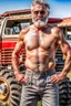 Placeholder: full body of a 50 years old farmer shirtless with a very big bulge and hairy under the sun near a tractor hyper-realistic