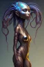 Placeholder: gorgeous female humanoid alien, stepping out of darkness, looking over shoulder, tentacles, copper zinc orichalcum jewelry and piercings, beautiful face, mesmerizing starry eyes, smooth translucent skin.