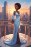 Placeholder: The scene opens onto a serene balcony overlooking a bustling city skyline. The sky above is painted in soft hues of blue and orange as the sun begins its descent, casting a warm glow over everything it touches. In the foreground stands a captivating figure, airbrush chibi cartoon curvy black woman exuding confidence and elegance. She is adorned in a flowing white knit maxi dress that hugs her curves in all the right places, accentuating her silhouette. Her choice of footwear is equally stunning