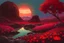 Placeholder: red sky with one planet in the horizon, rocks, 2000's sci-fi movies influence, mountains, puddle, flowers, spring, epic, friedrich eckenfelder impressionism paintings