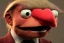 Placeholder: Angry muppet trump with no nose in suit, no tongue, looking forward, face, round puffball nose, eyebrows