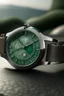 Placeholder: Generate a realistic image of an aventurine dial watch worn by someone exploring a new destination. Showcase the watch in a travel context with realistic backgrounds and lighting. Capture the sense of stability and reliability as the watch accompanies the wearer on their journey.