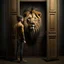 Placeholder: A young man enters a door and from the other side comes out a half-human, half-lion