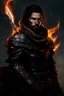 Placeholder: dark style, super realistic digital artwork of a fantasy hero class fighter with flames He is a male character with black hair and blue eyes, featuring a scar on his face and a beard. He wields two weapons that emit black flames. He is dressed in leather armor and a brown scarf covering his mouth. The background should be a burnt-down village with eerie, sinister shadows lurking around, adding a dark and ominous atmosphere. The artwork should convey a sense of mystery and danger, realistic graph