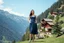Placeholder: very beautiful lady with beautiful midi dark blue skirt and top standing in swiss country side next to a vally next to pretty mountains wint country houses with high heels looking to camera