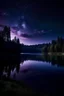 Placeholder: night sky with lake and dark forest all in violet shade
