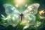 Placeholder: diaphanous transparent light butterfly with glowing center on green leaves and flowers, ethereal, otherwordly, cinematic postprocessing, bokeh, dof