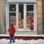 Placeholder: Winter. A toy red train stands on a New Year's Eve window. A boy is standing on the street and looking at this store window. The picture is painted in oil.