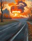 Placeholder: a road disappearing to the right, building and trees to the left, a nuclear explosion cloud in the background, add leaves falling in foreground, fantastic lighting detailed digital painting