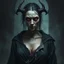 Placeholder: The demon witch, Lorissa Nightshade, appears—a gaunt, pale woman with hollowed out eyes and wearing tattered and torn robes. Grimdark realistic