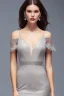 Placeholder: young, beautiful brunette with a perfect angry face, wearing gray silver lace off shoulder dress, standing in a modern stage with nice dancing lights.