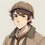 Placeholder: Young adult male, black hair with middle part under a newsboy cap, mischievous hazelnut brown eyes, tall and lanky, freckles here and there, 1920s styled outfit, anime style