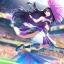 Placeholder: Clear focus,8k,Beatiful Lighting,Beatiful Blur,Beatiful Face,Beatiful Shading,Black long hair,silky hair, long silky bangs, Purple eyes, wearing a cheerleading outfit, Jumping, happy