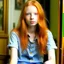 Placeholder: pretty girl, aged 12, ginger, conventionally attractive, bright clothes, realism, jeans, dreamy, tight top