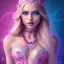 Placeholder: beautiful, soft, smiling face, whole head, long straight blonde hair blues eyes, crown on the head, clothing in transparent bluish and pink veil, background brillante bluish and pink, hight definition, 8K