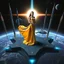 Placeholder: A breathtaking cosmic fantasy scene featuring a stunningly realistic beautiful woman with a perfect face and sculpted figure standing gracefully at the center of a floating geometric platform in deep space. She wears an elegant flowing gown in vibrant gold and blue hues that billow around her perfect form. The platform is constructed from dark cobblestone-like blocks arranged in a star shape next to a Spaceship. Surrounding her are magnificent CIFI towers like structures,satelights