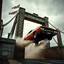 Placeholder: dramatic angle, dukes of hazard's general lee super car jumping over a drawbridge