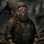 Placeholder: The large and furious lumberyard owner "Big K" grimdark realistic apocalypse survivor