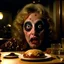 Placeholder: Spooky, ultra realistic distress, dining, ultra realistic hot woman, nose, giant eye on a table, organic hot bondes, dynamic, anguish, excited and lively scene, hypermaximalist figures, Creepy the Ring Alfred Hitchcock, Sam Raimi, insanely detailed, sinister, John Carpenter, Dario Argento, ornate