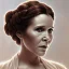 Placeholder: hyperspace background, complete and photo realistic detailed head to waist stunning photo realistic portrait of carrie fisher as Princess Leia in star wars with photo realistic wedding hairstyle by Mandy Jurgens and mucha and Richard Schmid and chuck close and chie yoshii, extraordinary and detailed ceremony dress of star wars,brown eyes