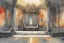 Placeholder: Beautiful Bright sun rise, In elaborately decorated throne room, A royal throne, casting a warm glow, create in inkwash and watercolor, art style of Olivier Coipel, Mike Mignola, Bill Sienkiewicz