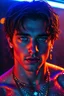 Placeholder: A hyper-realistic, close-up cinematic portrait of a handsome young man with glowing blue eyes, illuminated by vibrant neon lighting in deep blue and warm orange tones. His face and upper body are covered in shimmering cosmic glitter, creating a galaxy-like effect on his skin. Wet, tousled dark hair adds texture and mood. He wears layered metallic necklaces and a star-shaped earring, reflecting the light beautifully. The background is softly blurred with dreamy bokeh, creating a futuristic, ether