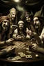 Placeholder: Jesus and some pirates friends smoking and playing cards, davinci. Surreal. Agony face, smile, scream. Fish eye lense camera.