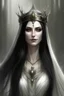 Placeholder: female elf queen, with elvish crown, with long black hair, with grey eyes, with white dress, with melancholic expression