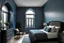 Placeholder: arched ceiling moody blue bedroom in the modern townhouse