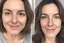 Placeholder: A selfie of a brunette woman, middle short hair, showing a 39-year-old European woman. She has white skin, tousled brown hair, face without makeup, big round dark brown eyes, cute nose, detailed full lips, skin texture. Split screen and show the same face but 15 years older