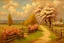 Placeholder: Clouds, spring trees, little pathway, fence, flowers, otto pippel impressionisn painting