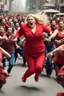 Placeholder: an obese terrified blonde woman in a red pant suit desperately running away from an angry mob of hundreds of people chasing her from behind