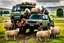 Placeholder: lots of sheep jumping on each other with mechanic, portrait of a broken mechanic, mixed body hybrid part big (sheep), fixing (far away old land rover 4x4 discovery 2) in the countryside