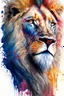 Placeholder: "lion", clean design, art station, splash of colorful paint, contour, ((solid white background)), gazing into camera, hyperdetailed intricately detailed, unreal engine, fantastical, intricate detail, splash screen, complementary colors, fantasy concept art, 8k resolution, DeviantArt masterpiece, watercolor, paint dripping