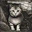 Placeholder: cat with few details, xylography, woodcut, black and white, few details, running, photocopy style, without background