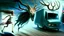 Placeholder: wispy evil lovecraftian looking ghost of deer chases drunk lady from her Budget Moving Van