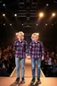 Placeholder: Norwegian Identical boy twins celebrites, same sex gender standing on a stage with holding their hands, lot of photographers, flashing lights, identical twins with same sex gender