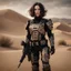 Placeholder: beautiful caucasian female soldier, black metal body and limbs, visible cybernetic limbs, scratched sand camo metal details, short brunette wavy bob haircut, dystopian, desert scene