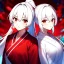 Placeholder: Clear focus, 8k, beautiful lighting, vibrant colors, girl, white hair, long hair, vibrant red eyes, miko, ponytail, twins, white hair, red eyes,