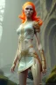 Placeholder: painting of a tall elven young woman with short light orange hair and freckles on the cheak bones and tall body of a topmodel light clothes, full shot, ultra realistic, concept art, intricate details, eerie, highly detailed, photorealistic, octane render, 8 k, unreal engine. art by artgerm and greg rutkowski and charlie bowater and magali villeneuve and alphonse mucha