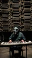 Placeholder: a person with a gas mask in an abandoned big massive factory, playing with a modular synth piano