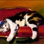 Placeholder: oil portrait of tricolor pattern Cat sleeping in a sofa by Joaquín Sorolla 8k