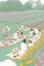 Placeholder: outline art for Picnic in the Flower Field people picnicking among colorful spring flowers., White background. sketch style, clean line art, white background, no shadow and clear