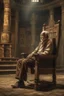 Placeholder: An old man sitting on an old chair in side an old temple bound by a bomb, burdened with worries a high definition cinematic theme