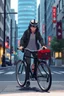 Placeholder: a full body anime walking with a bicycle in modern city street, no safty hat