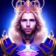 Placeholder: smiling beautiful long hair blond man face with small cristal diadem on the forehead , cosmic armor and cosmic purple and blue sky behind