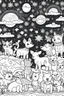 Placeholder: A cute dreamy night sky filled with celestial animals, Coloring page for kids, cartoon style, thick outline, low details, no shading, no color