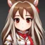 Placeholder: a close-up headshot of a chibi woman with long brown hair, red eyes, brown ferret ears, a mischievous expression, American clothes, intricately detailed, masterpiece, anime chibi doll